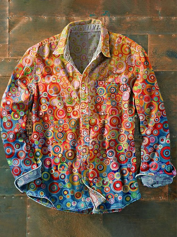 Unisex Vintage Multicolor Gradient Swirl Art Print Lapel Long Sleeve Pocket Shirt