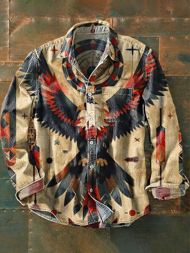 Unisex Vintage Western Eagle Art Print Lapel Long Sleeve Pocket Shirt