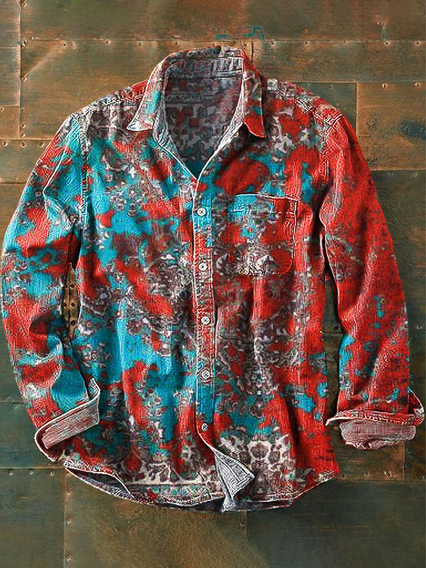 Unisex Vintage Abstract Paint Art Print Lapel Long Sleeve Pocket Shirt