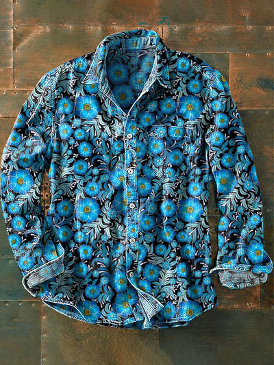 Unisex Vintage Abstract Blue Floral Art Print Lapel Long Sleeve Pocket Shirt