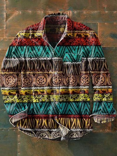 Men's Tribal Ethnic Printed Casual Lapel Long Sleeve Shirt