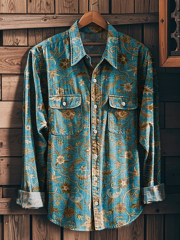 Men's Vintage Symmetrical Floral Workwear Pocket Long Sleeve Shirt