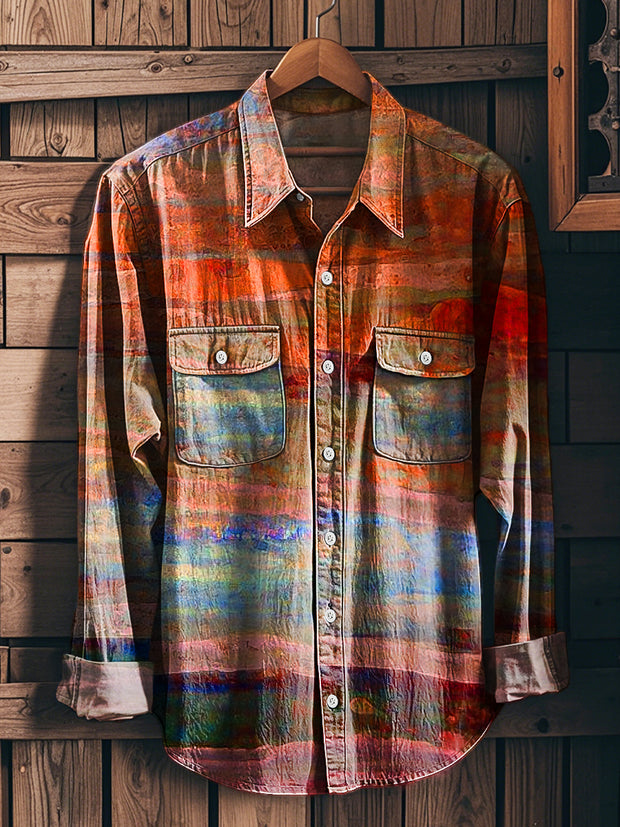 Men's Vintage Western Gradient Pattern Workwear Pocket Long Sleeve Shirt