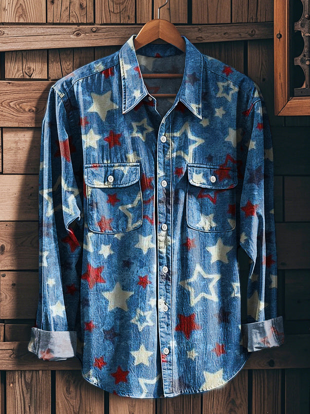 Men's Vintage Western Irregular Star Pattern Workwear Pocket Long Sleeve Shirt