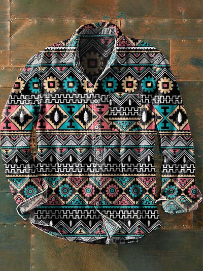 Mens Vintage Tribal Abstract Print Casual Lapel Long Sleeve Shirt