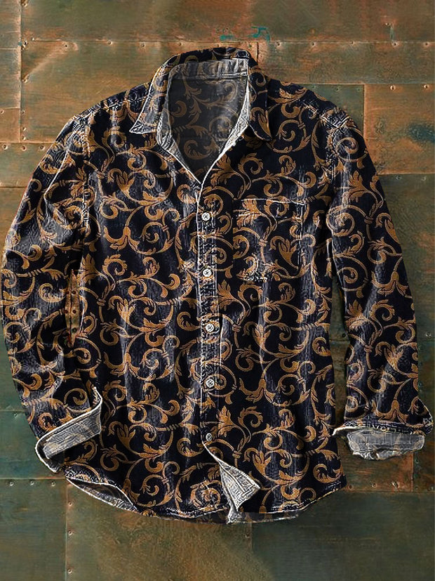 Men's Vintage Western Floral Pattern Art Print Long Sleeve Pocket Shirt