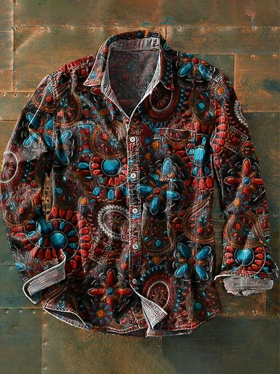 Men's Vintage Western Style Jewelry Pattern Art Print Long Sleeve Pocket Shirt