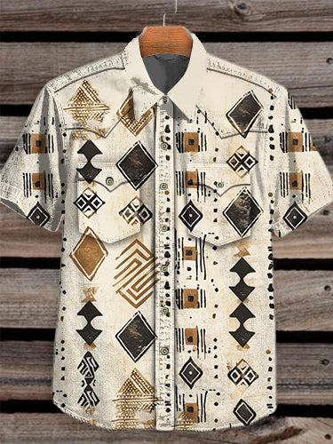 Unisex Men's Vintage Western Geometric Ethnic Colorful Abstract Print Casual Pocket Short Sleeve Shirt