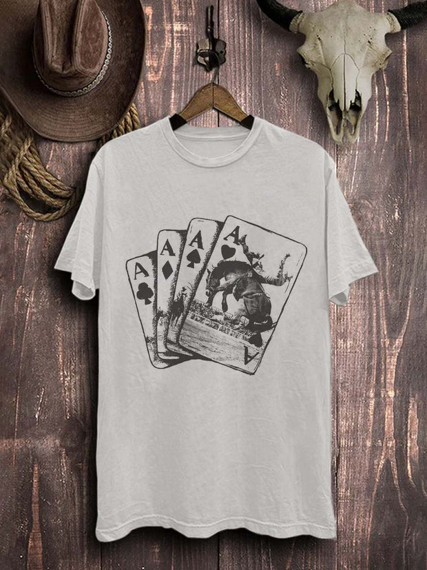 Abstract Playing Cards Western Cowboy Graphic Print Casual Cotton T-Shirt