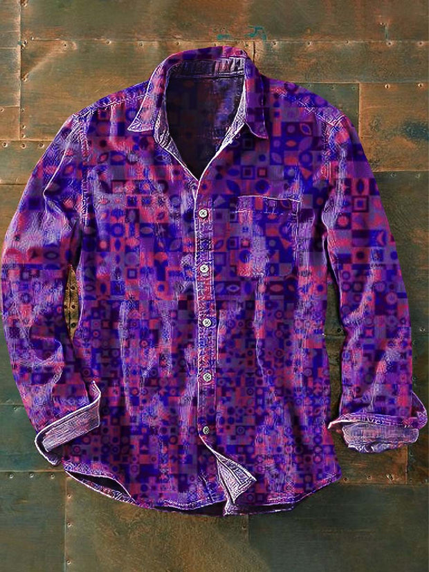 Men's Abstract Plaid Gradient Pattern Print Casual Lapel Long Sleeve Shirt