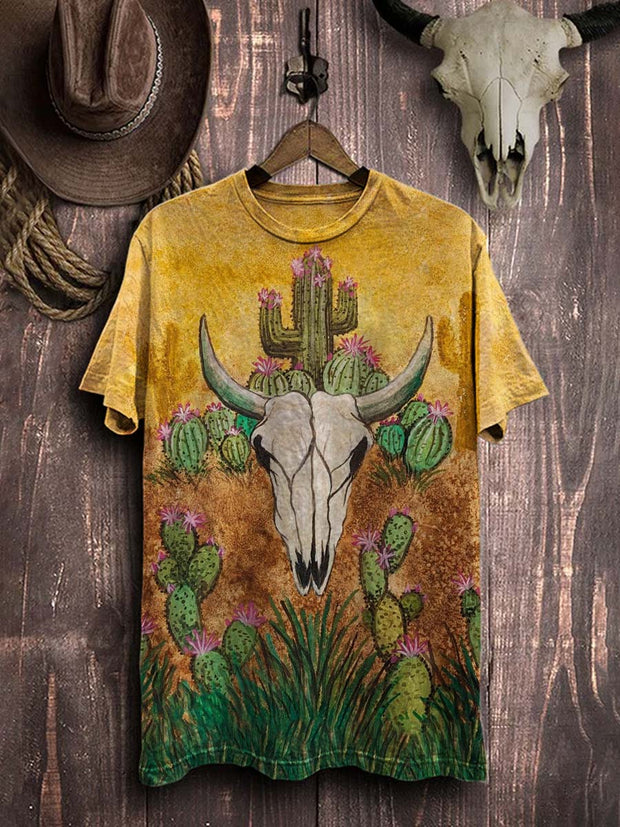 Cactus Western Cow Graphic Print Casual Cotton T-Shirt