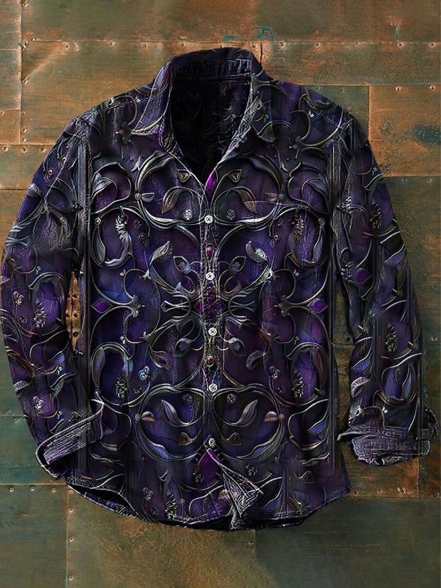 Unisex Men's Vintage Gothic Style Purple Floral Abstract Print Casual Long Sleeve Shirt