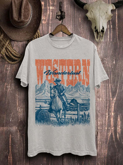 Western Cowboy Graphic Print Casual Cotton T-Shirt