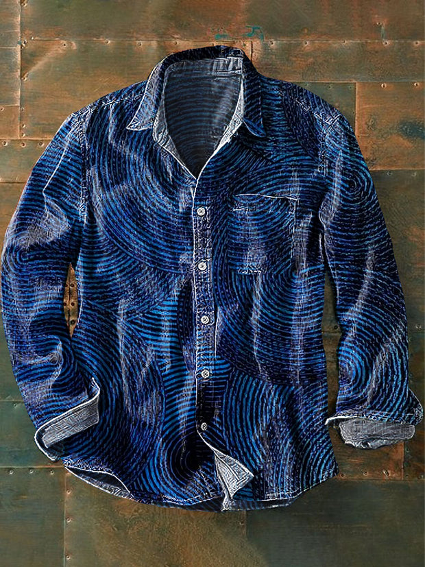 Men's Vintage Blue Irregular Line Art Print Long Sleeve Pocket Shirt