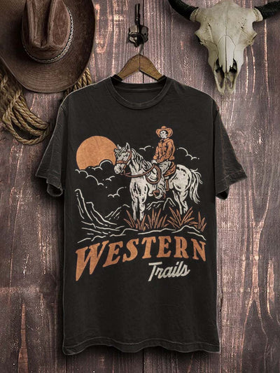 Western Cowboy Graphic Print Casual Cotton T-Shirt