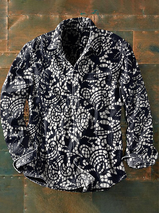 Unisex Men's Vintage Lace Floral Raven Abstract Print Casual Long Sleeve Shirt