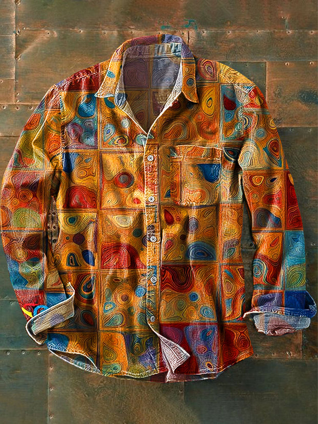 Men's Vintage Colorful Geometric Abstract Pattern Art Print Long Sleeve Pocket Shirt