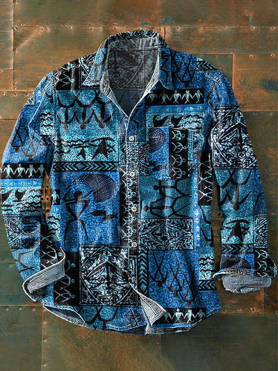 Men's Vintage Ethnic Tribal Geometric Art Print Long Sleeve Pocket Shirt