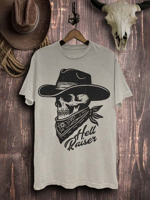 Skull Western Cowboy Graphic Print Casual Cotton T-Shirt