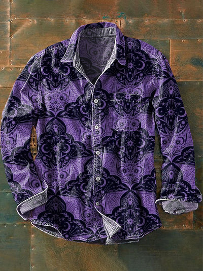 Men's Vintage Moon Floral Art Print Lapel Long Sleeve Pocket Shirt