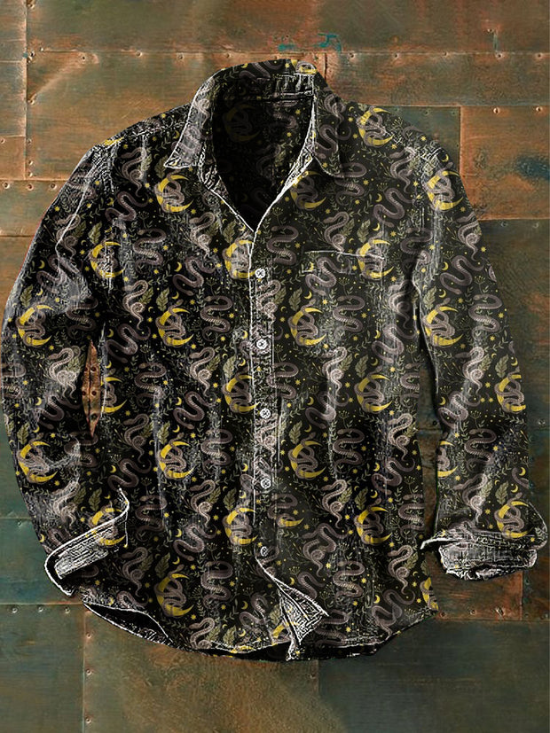 Unisex Men's Vintage Dark Snake Moon Abstract Print Casual Long Sleeve Shirt