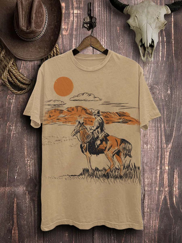 Vintage Western Cowboy Graphic Print Casual Cotton T-Shirt