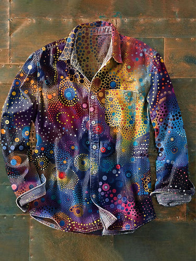 Men's Vintage Multicolor Irregular Dot Art Print Long Sleeve Pocket Shirt