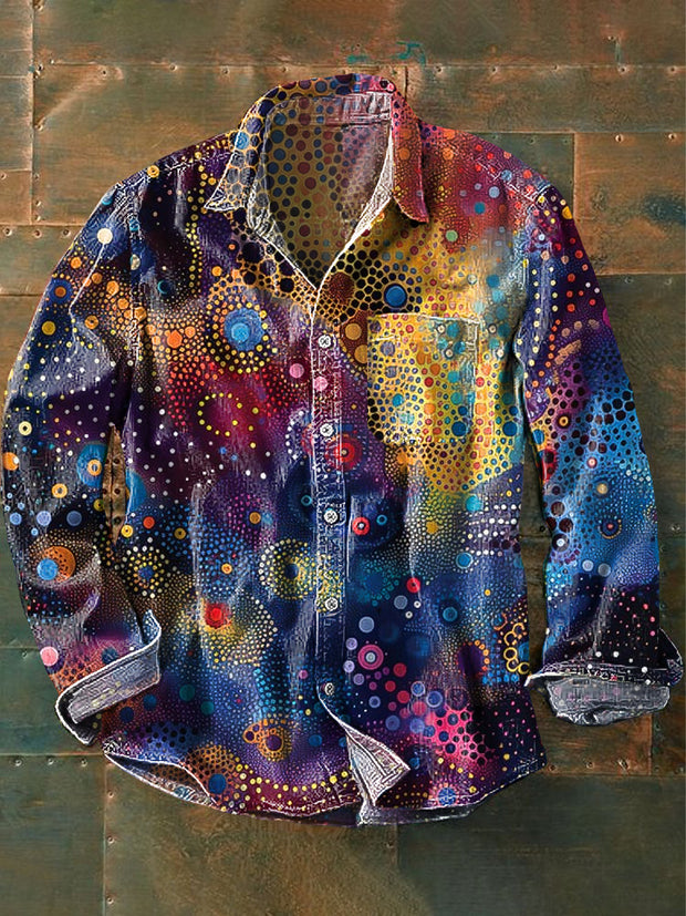 Men's Vintage Multicolor Irregular Dot Art Print Long Sleeve Pocket Shirt