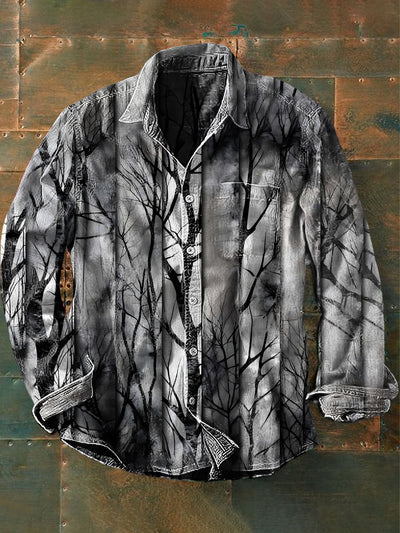 Unisex Men's Vintage Dark Deep Forest Branches Abstract Print Casual Long Sleeve Shirt