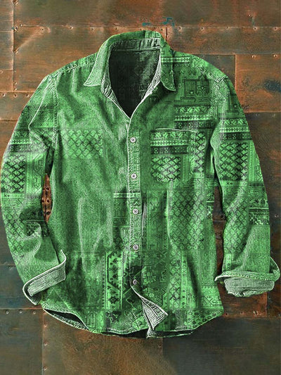 Mens Vintage Emerald Abstract Print Casual Lapel Long Sleeve Shirt