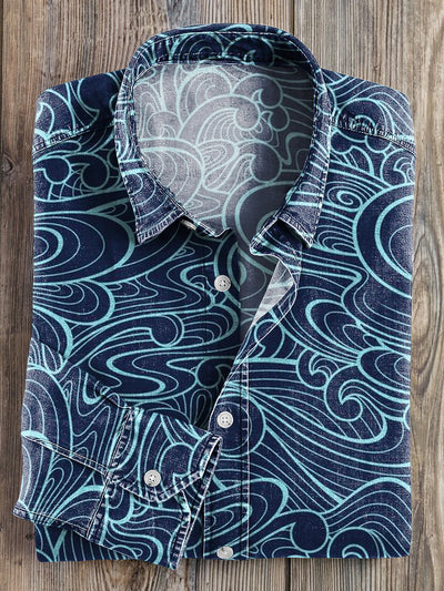 Men's Vintage Blue Line Cloud Pattern Lapel Long Sleeve Shirt