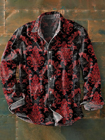 Men's Vintage Red Floral Pattern Art Print Long Sleeve Pocket Shirt