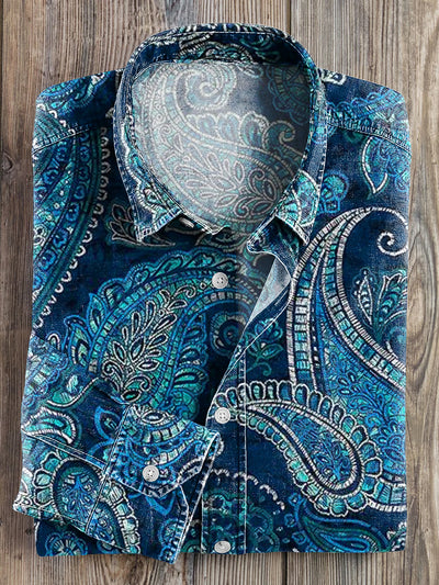 Men's Vintage Blue Paisley Floral Lapel Long Sleeve Shirt