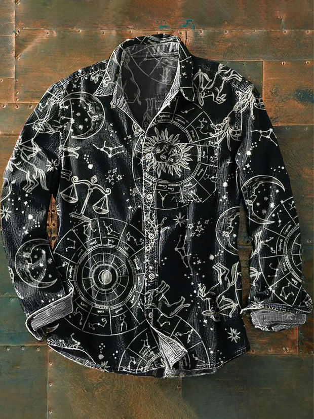 Men's Vintage Sun God Constellation Pattern Art Print Long Sleeve Pocket Shirt