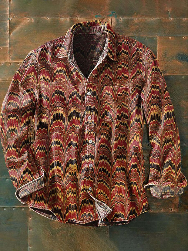 Mens Vintage Western Abstract Print Casual Lapel Long Sleeve Shirt