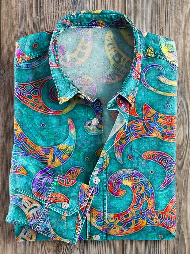 Men's Vintage Colorful Floral Pattern Lapel Long Sleeve Shirt