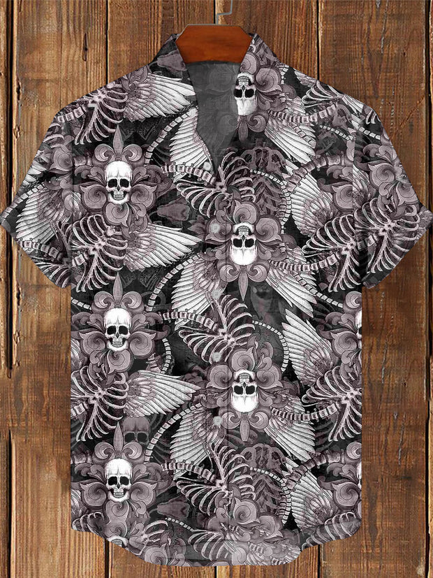 Men's Vintage Punk Floral Skull Abstract Print Casual Cotton Short Sleeve Shirt