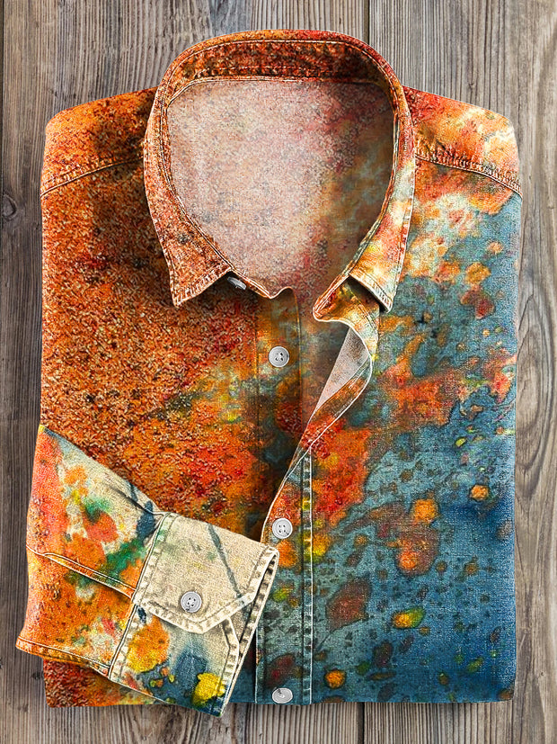 Men's Vintage Colorful Ink Splash Textured Pattern Lapel Long Sleeve Shirt