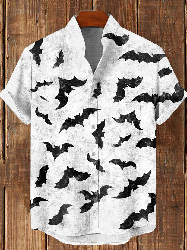 Men's Vintage Punk Dark Bat Texture Print Casual Cotton Short Sleeve Shirt