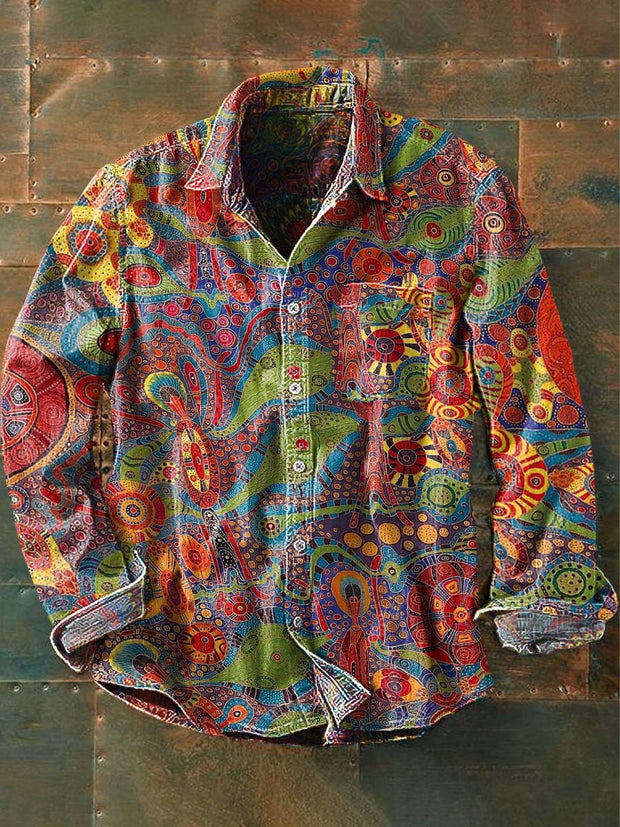 Mens Vintage Western Abstract Print Casual Lapel Long Sleeve Shirt