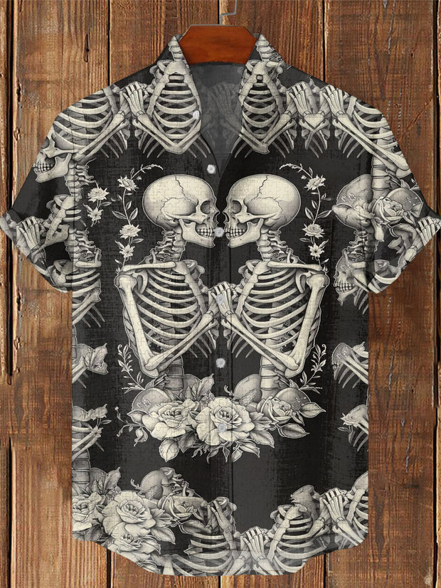 Men's Vintage Punk Dark Valentine Pair of Skulls Print Casual Cotton Short Sleeve Shirt