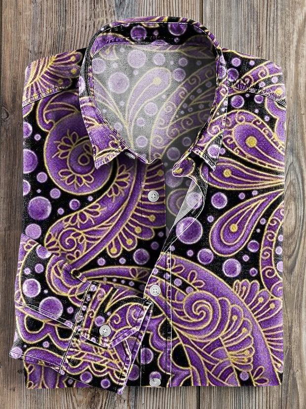 Men's Vintage Purple Paisley Circle Pattern Lapel Long Sleeve Shirt