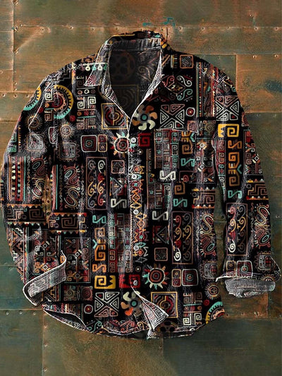 Mens Vintage Tribal Abstract Print Casual Lapel Long Sleeve Shirt