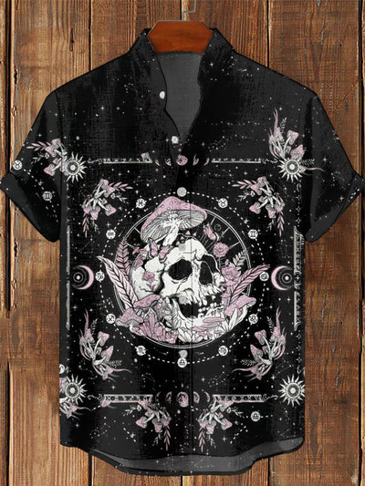 Men's Vintage Punk Skull Rose Mushroom Print Casual Cotton Short Sleeve Shirt