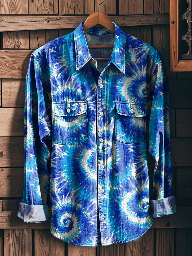 Men's Vintage Blue Tie-Dye Spiral Pattern Workwear Pocket Long Sleeve Shirt