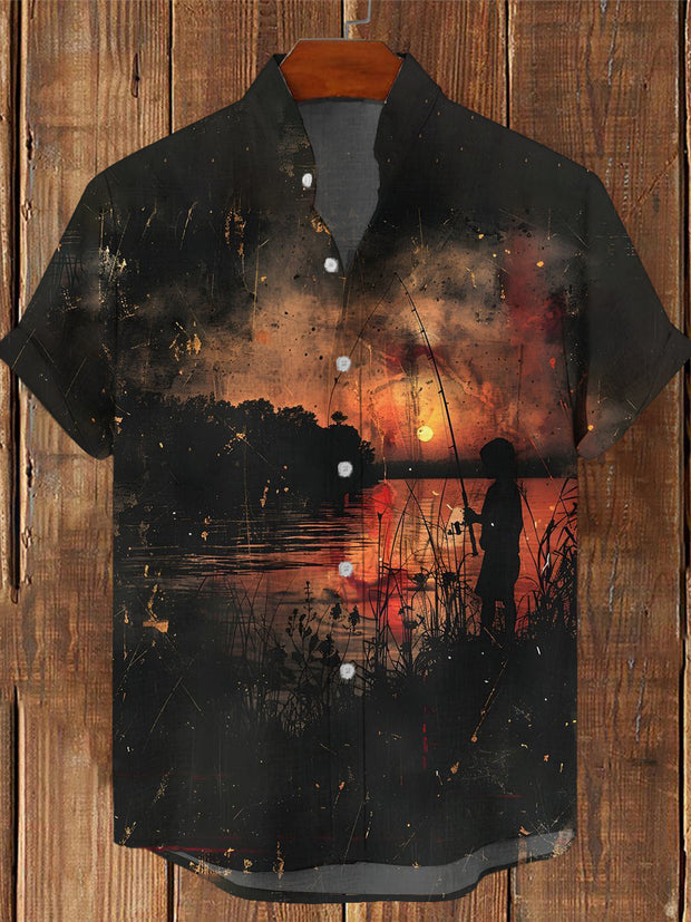 Men's Vintage Gothic Digital Art Abstract Print Casual Cotton Short Sleeve Shirt