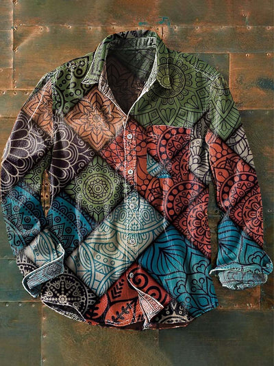 Mens Vintage Tribal Abstract Print Casual Lapel Long Sleeve Shirt