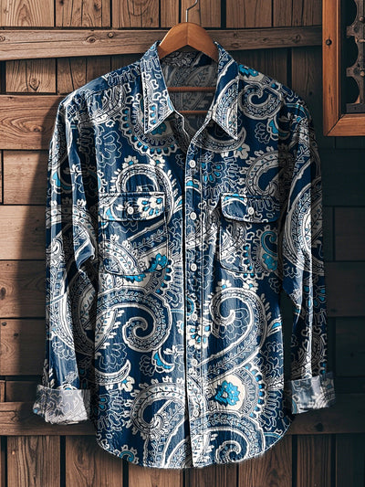 Men's Vintage Blue Paisley Floral Pattern Lapel Workwear Pocket Long Sleeve Shirt