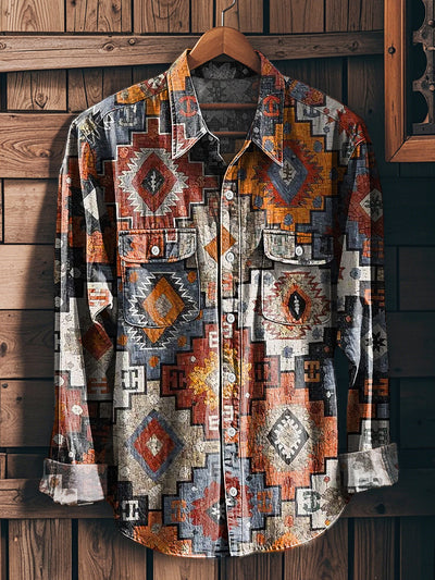 Men's Vintage Colorful Ethnic Geometric Workwear Pocket Long Sleeve Shirt