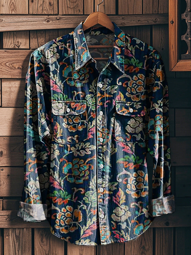 Men's Vintage Colorful Floral Pattern Workwear Pocket Long Sleeve Shirt